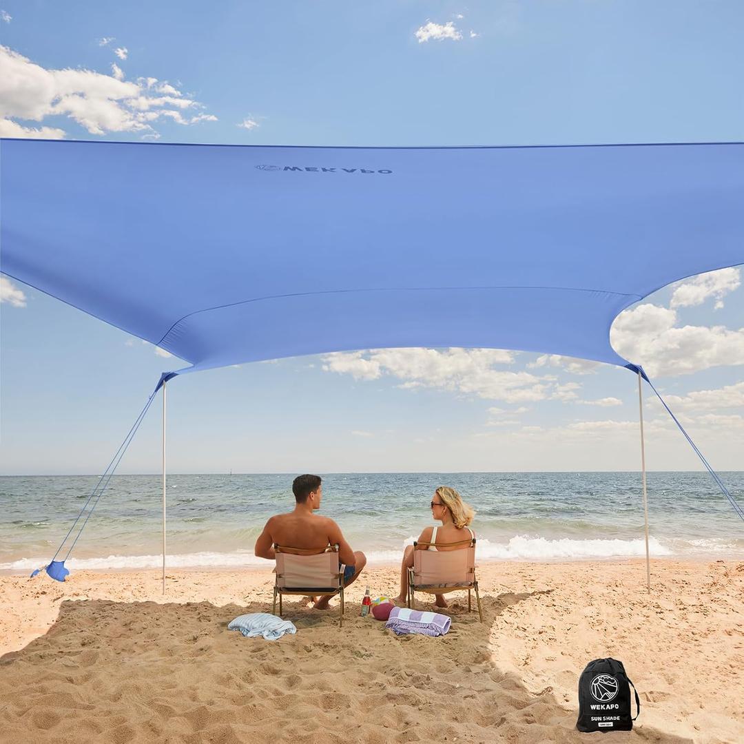 WEKAPO Beach Tent Sun Shelter - Easy Setup Beach Canopy with 4 Sturdy Poles, Large Sandbags and Shovel, 6'7'' Tall, Windproof Sun Shade for Backyard and Camping, UPF 50+ Protection, 8x8 Ft 4 Pole
