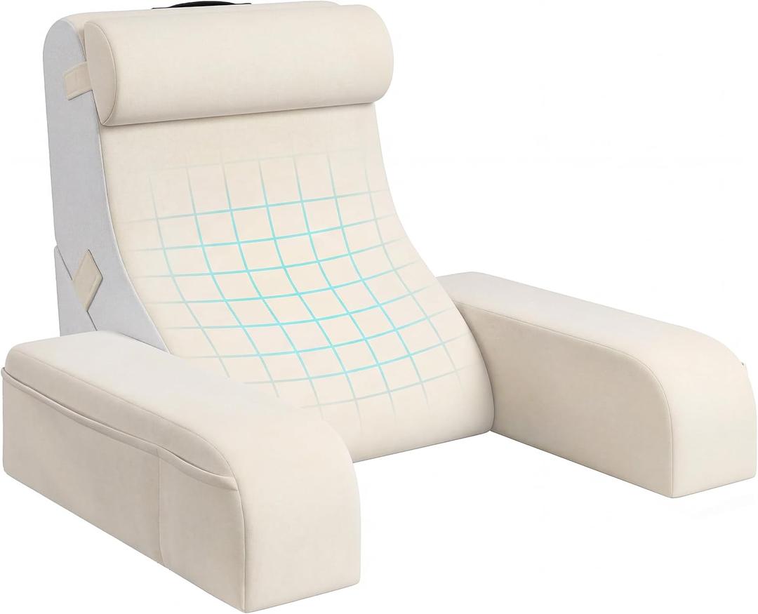 Homkdom Reading Pillow for Sitting in Bed Adult, 20" Back Pillow for Bed Sitting up with Armrests & Storage Pockets, Ergonomic Wedge Pillow for Watching TV, Gaming, Working, Recovery, 5PCS, Beige