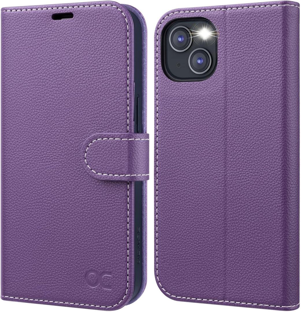 OCASE Compatible with iPhone 13 Wallet Case, PU Leather Flip Folio Case with Card Holders RFID Blocking Kickstand [Shockproof TPU Inner Shell] Phone Cover 6.1 Inch 2021 (Litchi Purple)