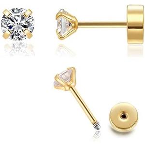Renkovte Flat Screw Back CZ Stud Earrings,Small Flat Back Cubic Zirconia Stud Earrings for Helix Cartilage Tragus Earlobe Piercing for Women,2mm CZ 3mm CZ 4mm CZ Gold Color