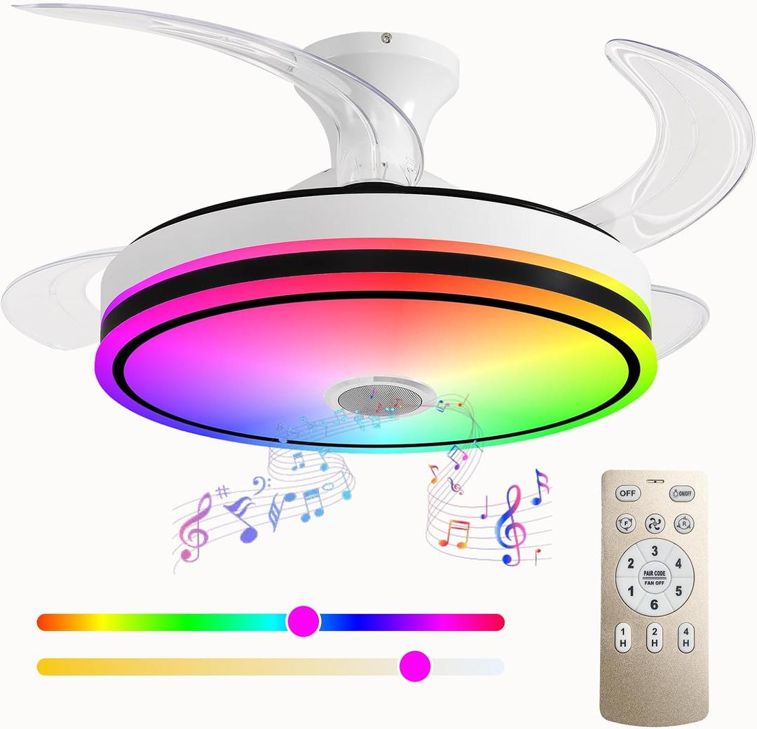 42'' Retractable Ceiling Fan with Lights, Smart Ceiling Fan Light with Bluetooth Speaker, App Control for Dimming & RGB Color Change Reversible Bedroom Living Room