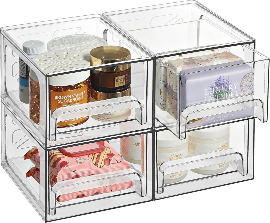 Oizeir Clear Stackable Storage Drawers - 4-Pack Acrylic Makeup Organizer Bins for Vanity, Bathroom, Countertop, Cabinet, or Kitchen - Perfect for Cosmetics, Office, and Small Item Organization