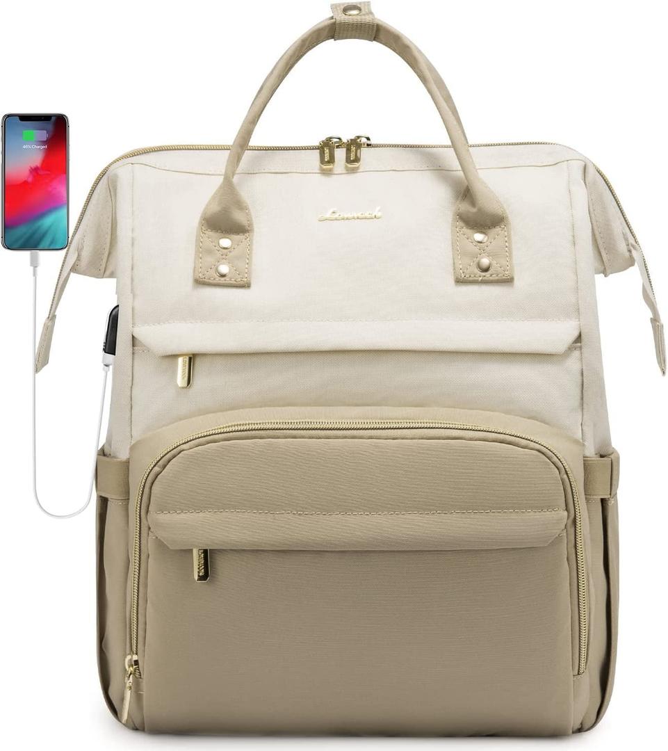 Lovevook Laptop Bag 15.6",Women Work Computer Bag Teacher Nurse Backpack Purse with USB,Waterproof Travel Backpack College Bookbag(Beige-Khaki)