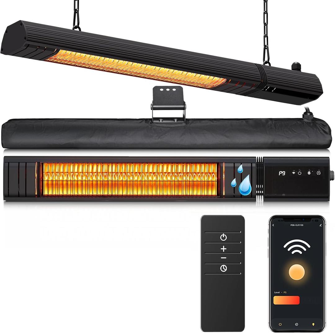 Ceiling Electric Outdoor Heater Wifi Control Wall-Mounted Hanging Patio 1500W Infrared 9 Heat Levels, 24H Timers, Carbon Fiber Tube Heating Wall Heater for Gazebo, Balcony (Clear Quartz Glass)