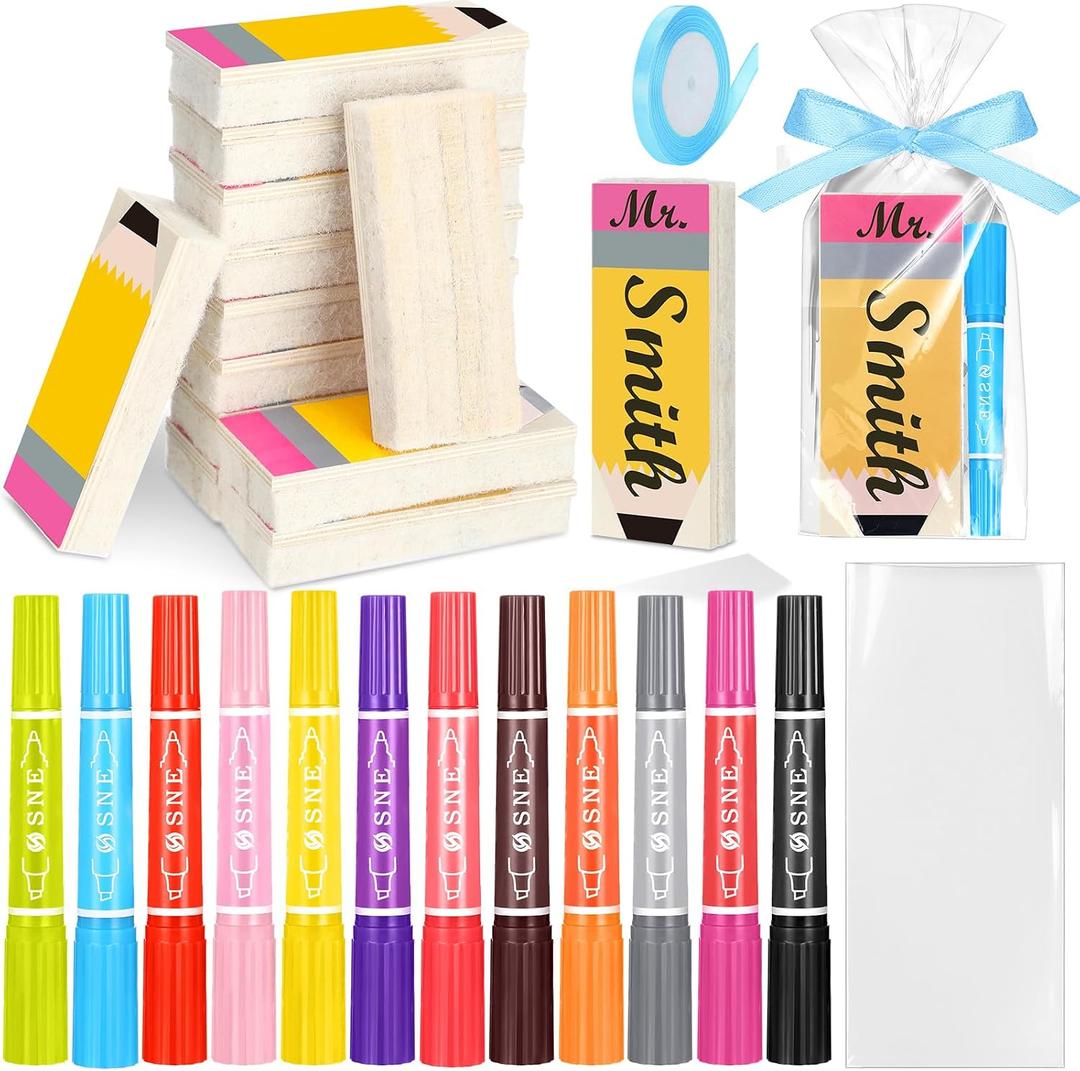 Affrolling 12 Set Erase Board with 12 Colors Markers Wool Felt Eraser Dustless Chalkboard Eraser Cleaner Wood Chalk for End of Year Gifts Office