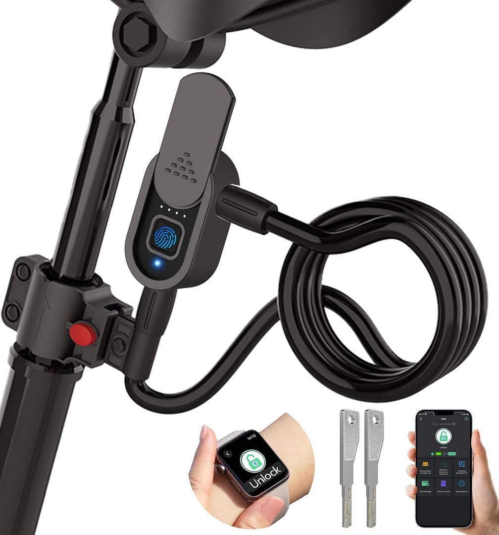 Anweller Fingerprint Bike Lock with Key, Heavy Duty Anti-Theft Weatherproof Keyless Bluetooth App Biometric Smart Cable Lock for Bicycle Scooter Accessories Outdoor Fence Gate Snowboard Ski