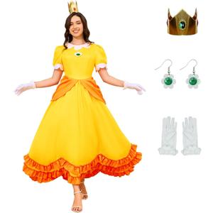 Princess Dresses for Women Princess Cosplay Halloween Full Set with Crown Earrings Gloves (US Size) (Small, Yellow)