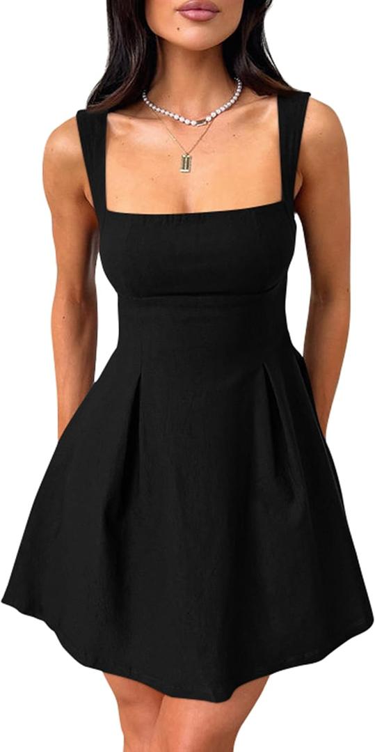 YMDUCH Women's Sexy Sleeveless Square Neck Adjustable Straps Bow Tie A-line Mini Party Club Dress (Black, XL)