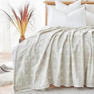 jinchan Boho 100% Cotton Blanket Muslin 50x60 Inches Lightweight 3-Layer Geometric Cross Pattern Reversible Quilt Throw Soft Breathable Comfy All Seasons for Couch Bed Decor, Light Grey