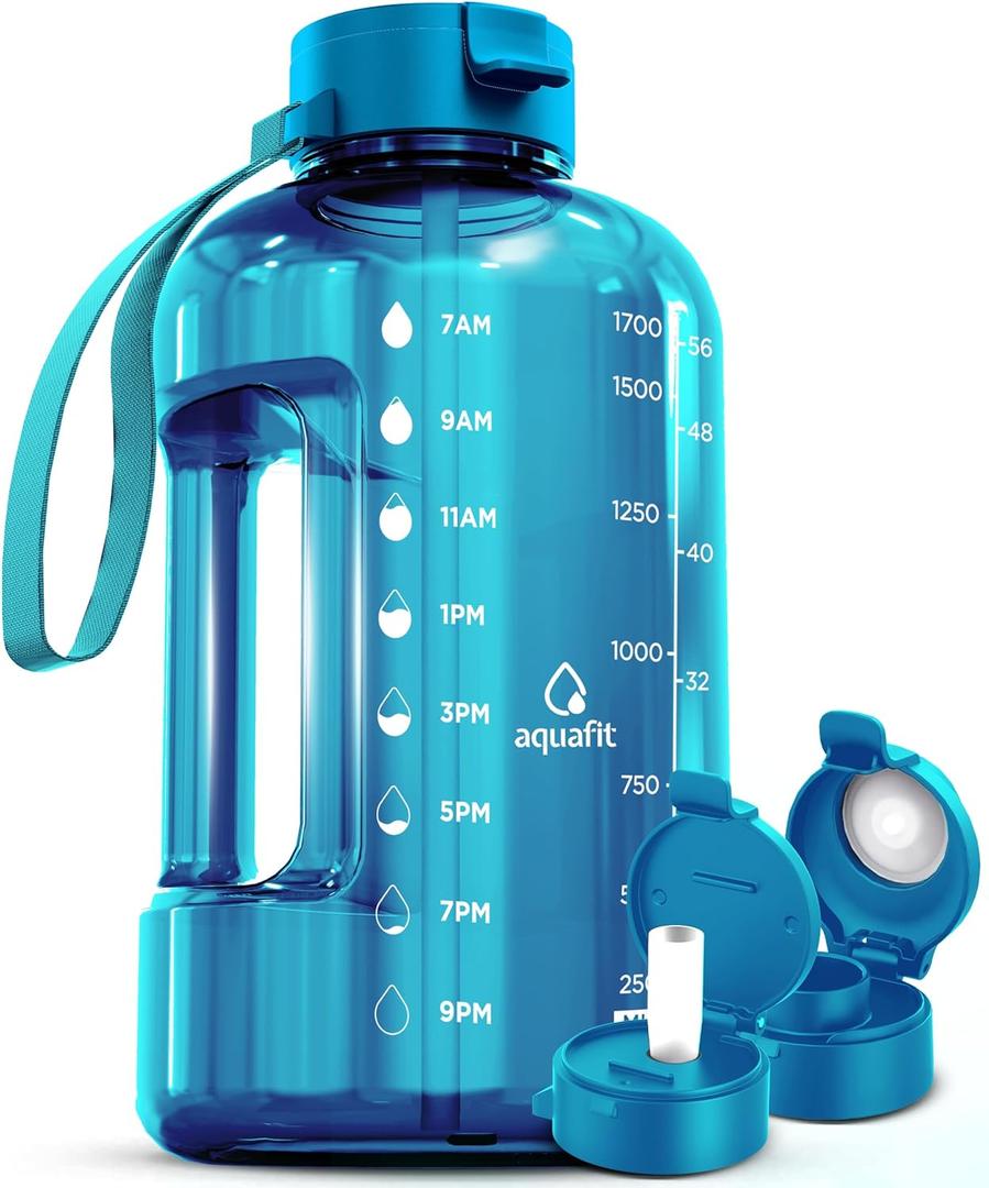AQUAFIT 64 oz Water Bottle with Time Marker - Straw & Chug Lid - BPA Free Half Gallon, Big With Handle, Gym Bottle (Aqua, 64 Ounces)