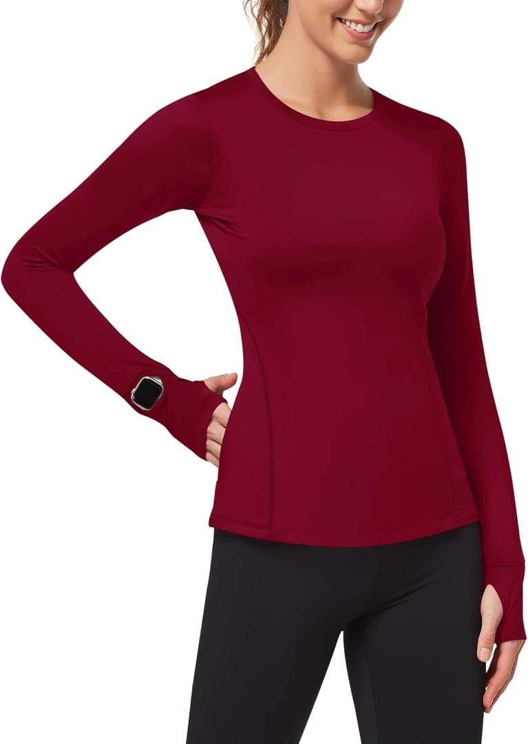 Loovoo Thermal Shirts for Women Long Sleeve Workout Tops Crewneck Fleece Base Layer Running Athletic Tee with Zipper Pocket (Large, 1-burgundy)