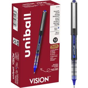 Uniball Vision Rollerball Pen - 12 Pack, Blue Pens, 0.5mm Micro Tip Size - Smooth Writing Japanese Pens, School Supplies
