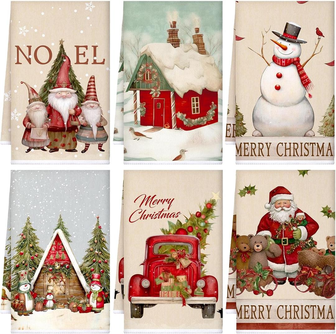 Sratte 6 Pcs Christmas Kitchen Towels Vintage Winter Snowman Tea Dishtowels Absorbent Santa Xmas Bathroom Hand Towels for Christmas Kitchen Bathroom Holiday Decorations Farmhouse Housewarming Gift