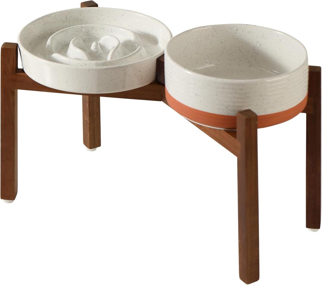 Havniva Ceramic 1.6 Cup Raised Slow Feeder Dog Bowl Set, Elevated 7.3inch Bowl and 8.2inch Dish with Acacia Wood Stand for Medium and Large Dogs(2 x Vanilla White+ Stand)