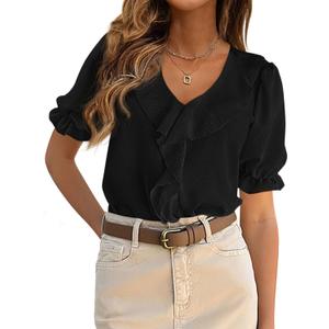 PRETTYGARDEN Women's Summer Dressy Casual Blouses 2026 Short Sleeve V Neck Ruffle Business Work Tops Trendy Spring Outfits (Black, M)