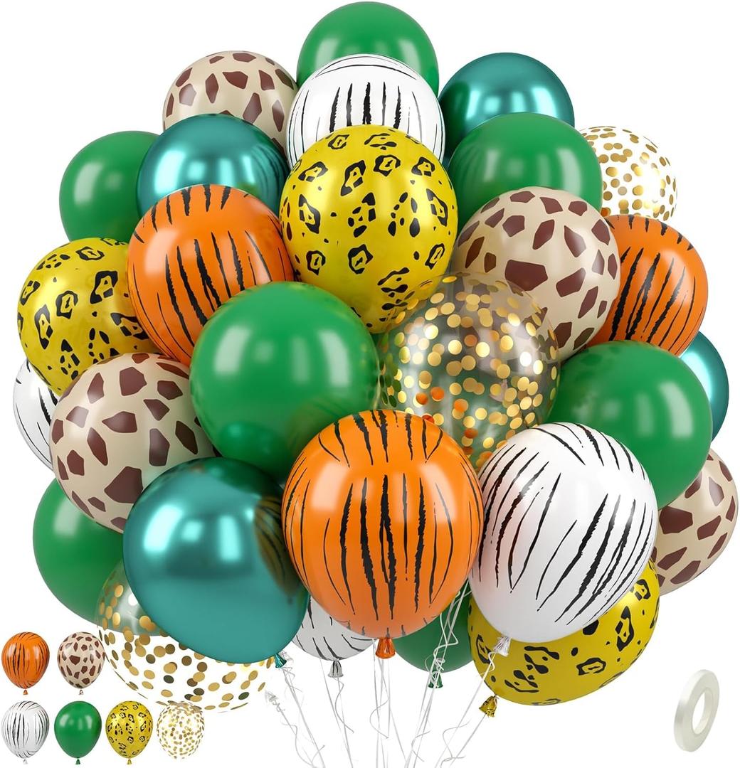Jungle Safari Balloons, 50 Pcs Animal Print Balloons, 12 Inch Dark Metallic Green Gold Confetti Deer Paw Print Tiger Zebra Leopard Balloons for Birthday Baby Shower Jungle Safari Party Decorations