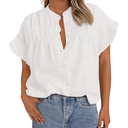 MASCOMODA Womens 2025 Button Down Shirts Ruffle Short Sleeve Loose Summer Tops Dressy Casual V Neck Business Work Blouses Small