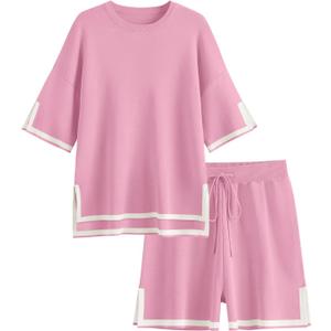 LILLUSORY 2 Piece Sets for Women Summer 2025 Two Piece Matching Lounge Sets Short Casual Outfits Cute Vacation Clothes (Small, Pink)