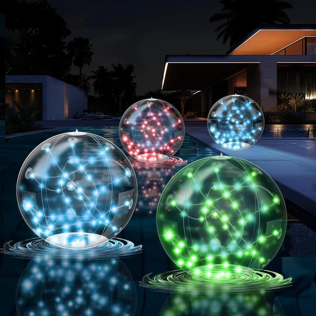 Solar Floating Pool Lights, 14.5" Inflatable LED Balls, IP67 Waterproof Solar Powered Lights, RGB Gradient for Snowy Beach Yard Wedding Party Outdoor Decor-4pacs (4 Pcs RGB(without remote control))