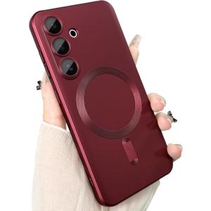 Magnetic for Samsung Galaxy S25 Phone Case for Women/Men, Matte Luxury Soft Metallic Luster Design with Camera Lens Protector, Shockproof Anti-Scratch Phone Case 6.2"  Red