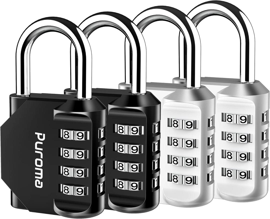Puroma 4 Pack Combination Lock for Locker 4 Digit Outdoor Waterproof Padlock for School, Gym, Sports, Fence, Toolbox, Gate, Case, Outdoor, Hasp Storage, Cabinets (Silver & Black)