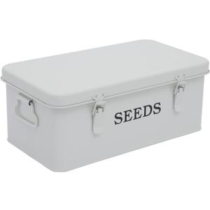 Seed Saving Box, Metal Seed Bin, Seed Storage Organizer, Seed Packet Container with Lid, Seed Envelope Storage Box, 4 Compartments Garden Seed Bin with Safety Locks-White