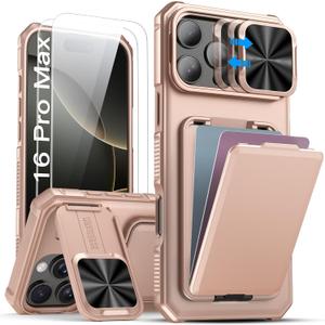 SSLOTSCASE for iPhone 16 Pro Max Case with 2X Screen Protector, Sliding Lens Cover & Kickstand & Credit Card Holder, Military-Grade Protection Rugged Phone Cover for iPhone 16 Pro Max, Rose Gold