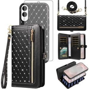Phone Case for Samsung Galaxy S25 Edge 5G Zipper Wallet Detachable Cover with Screen Protector Crossbody Lanyard Strap Bling Credit Card Holder Slots S25Edge 25S S 25 25Edge 2025 Women Girls, Black