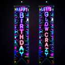 Tegeme 2 Pcs Glow Party Decorations Banner Neon Happy Birthday & Let's Crazy Porch Sign for Black Light, Glow in The Dark Door Banner for Birthday Rave Supplies Neon Theme Decor
