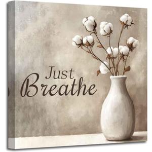 XLMDYYSW Cotton Wall Art White Cotton Bouquet Canvas Picture Bathroom Floral Poster Prints Rustic Farmhouse Flower Painting for Bedroom Restroom Framed (Brown, 16.00" x 16.00")