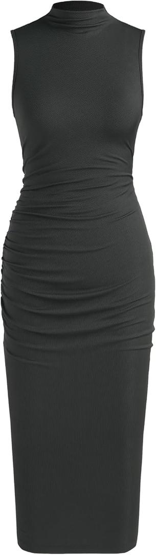 CIDER Bodycon Dresses for Women Mock High Neck Sleeveless Ruched Work Dress | Cocktail Elegant Midi Dress, Classic Summer Fall Outfits (M)