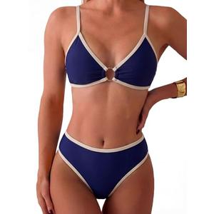 Tainehs Women's Two Piece Bikini Sets O Ring Front Top Ditsy Floral Triangle Swimsuits Cheeky Bathing Suit Navy Blue, M