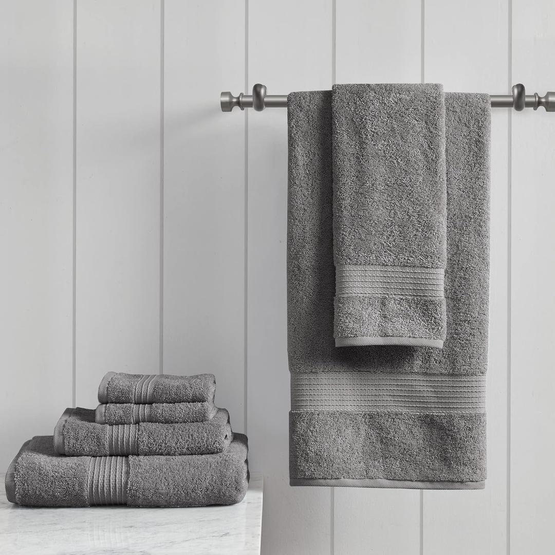 Madison Park Organic 100% Cotton Bathroom Towel Set, Hotel & Spa Quality Highly Absorbent, Quick Dry, Include for Shower, Handwash & Facial Washcloth, Multi-Sizes, Charcoal (6-Piece)