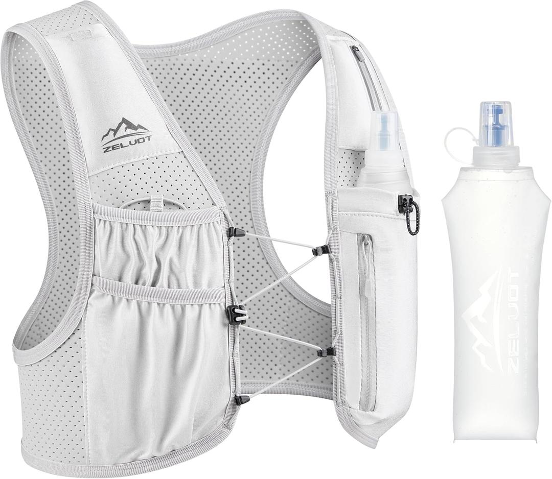 Zelvot Running Vest for Women Men, USA Original Patent, Adjustable Chest Straps Running Hydration Vest with 500ml Soft Flask, Lightweight Reflective Hydration Backpack for Marathon (Medium-Large, Gray)