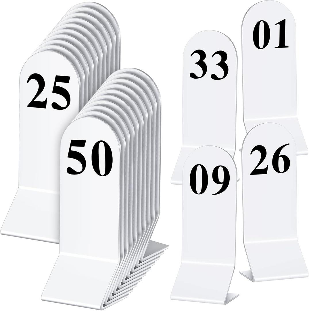 Remerry 50 Pcs Table Numbers 1-50 Acrylic Double Sided Number Cards for Restaurant Acrylic Tent Table Holders Tent Cards Wedding 2.36 x 6.3 Inch (White)