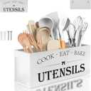 Extra Large Kitchen Utensil Holder with 4 Compartments, Wooden Countertop Organizer, Rustic Black Farmhouse Decor for Cooking Tools, Spoons, Spatulas, Knives & Forks - White Grain