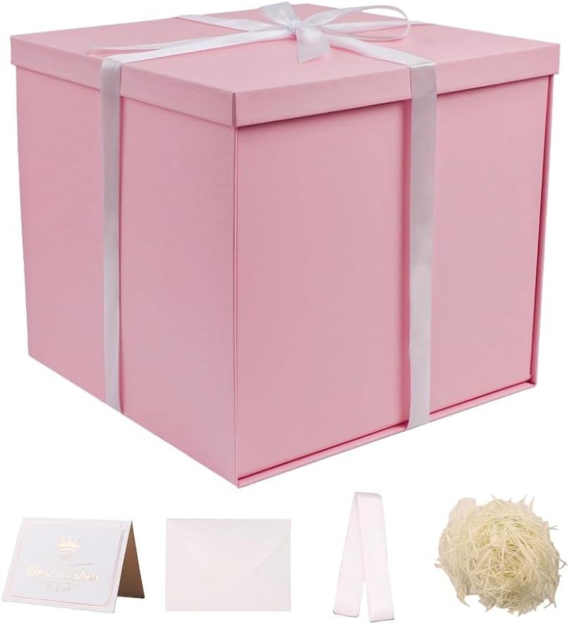 UoeRing Large Gift Box with Lid 12x12x11 Inch,Pink Gift Boxes for Presents Packaging for Birthdays,Valentine's Day,Mother's Day,Christmas with Ribbon Card Envelope Shredded Paper Fill (Matte Pink)