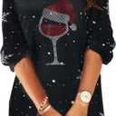 UNIQUEONE Women Dress Shirt Christmas Long Sleeve Tops Red Wine Glass Christmas Shirts V Neck Xmas Santa Hat Graphic (Black, XL)