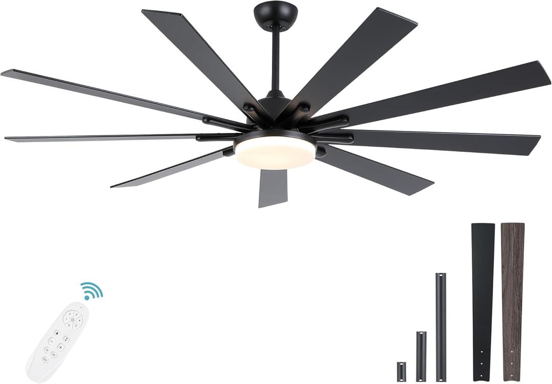 POCHFAN 72 Inch Ceiling Fans with Lights,Large Modern Ceiling fan with Remote and 9 Wooden Blades,Dimmable,6 Speeds,Noiseless Reversible Indoor&Outdoor Fan for Bedroom,Patio,Living Room (Black)