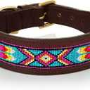 Handmade Aztec Beaded Leather Dog Collar  Genuine Leather, Tribal Design, Adjustable Buckle  for Medium & Large Dogs  Western Style, Durable & Stylish Pet Accessory (Brown, XLarge (21-25 Inch))