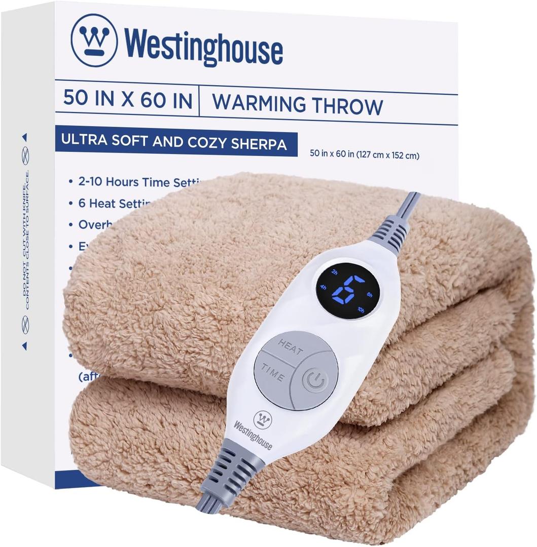 Westinghouse Electric Blanket Throw Size, Soft Plush Sherpa Heated Blanket with 6 Heating Levels & 2-10 Hours Auto-Off, Machine Washable, 50x60 inches, Camel