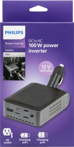 Philips Direct Plug Power Inverter 1 AC Outlet 1 USB-A 1 USB-C 100W
