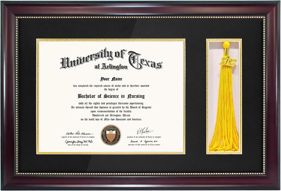 GraduationMall 11x17 Mahogany Diploma Frame with Tassel Holder for 8.5x11 Certificate Document,Real Glass, Black over Gold Mat