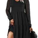 ANRABESS Dresses for Women Casual Lace Long Sleeve V Neck Tiered Swing Flowy Loose A-line Mini Short 2025 Fall Vacation Dress Black Medium