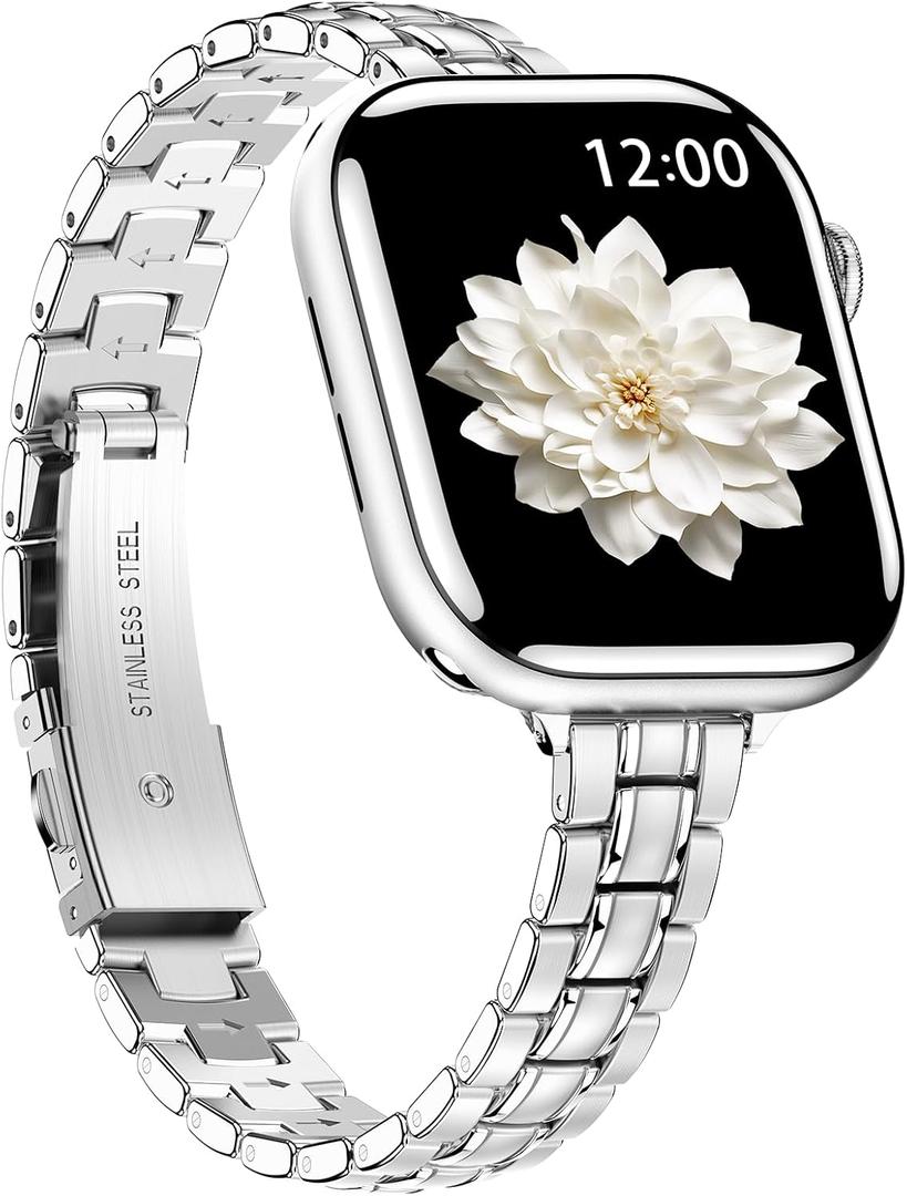 BAITEYOU Narrow Metal Band Compatible with Apple Watch Bands 38mm 40mm 41mm 42mm 44mm 45mm 46mm 49mm (Series 11 10 9 8 7 6 5 4 3 2 1 SE Ultra), Dressy Thin Stainless Steel iWatch Bands for Women
