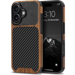 TENDLIN Compatible with iPhone 17 Case Wood Grain with Carbon Fiber Texture Design Leather Hybrid Slim Case (Black)