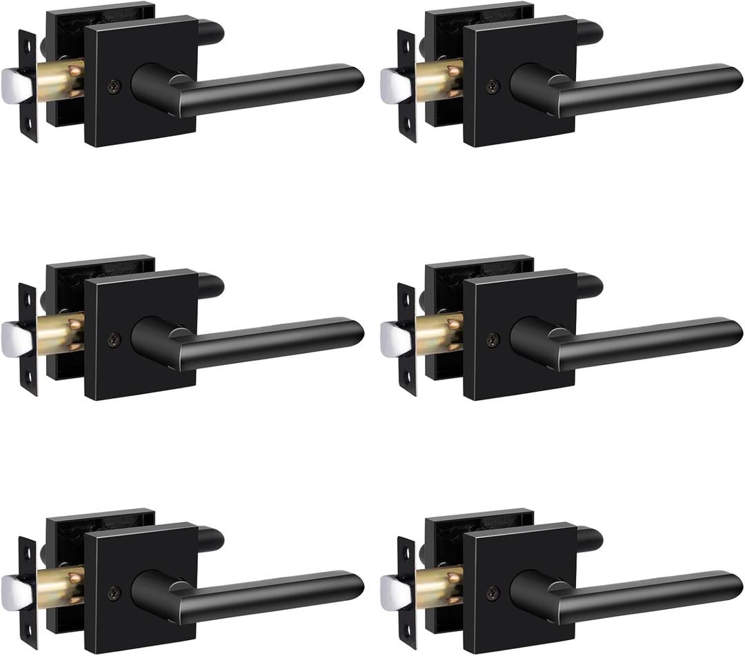 HOSOM 6 Pack Passage Door Lever for Closet Hall Heavy Duty Door Handle with Square Plate Left or Right Handing Levers Door Handles Interior No Locking Matte Black