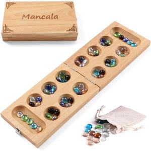 Ceebyfa Mancala Board Game for Kids, Adults & Family. Includes Folding Rubber Wood Board, 48+10 Mancala Stones & Instruction. Classic & Portable Marble Game for Travel.(Natural Color)