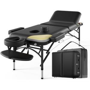 Professional Massage Table Portable 3 Fold Premium Memory Foam Aluminium Leg Hold Up to 1100LBS 8 Heights Adjustable with Carrying Bag Black