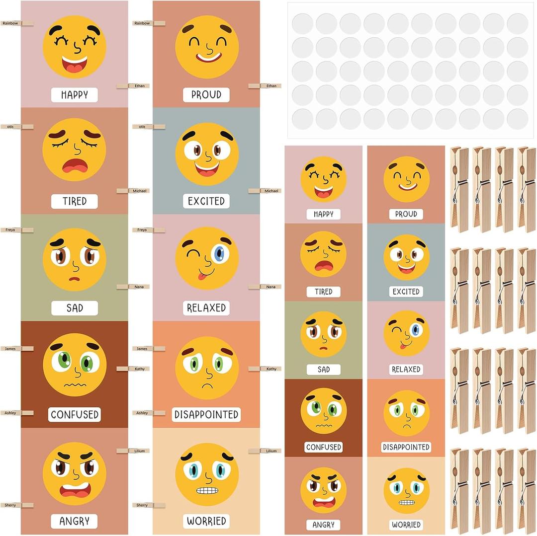 Kosiz 2 Pcs Feeling Emotions Chart Posters Feeling Control Charts Classroom Emotional Regulation Posters with 30 Pcs Clips Emotion Tracker for Classroom Must Haves Supplies, 50 x 10 Inch(Boho)